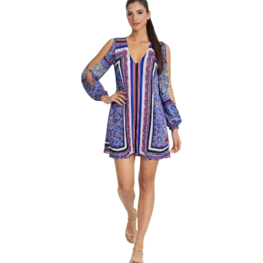 Cold Shoulder Boho Tunic Dress | Blue Paisley Print | Size L .